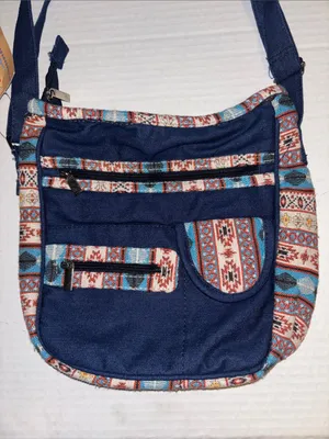 Canyon Sky Blue Denim Bag With Southwestern Embroidery Along Edges Multicolored thumbnail 1