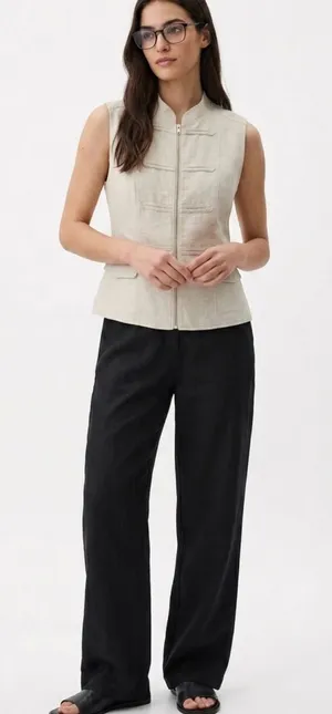Zara Linen-Blend Zip-Up Military Vest with Fabric Frogging - Cream/Beige large thumbnail 1