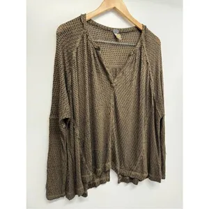 Free People We The Free Olive Green‎ Waffle Knit Split Back Thermal Top XS thumbnail 6