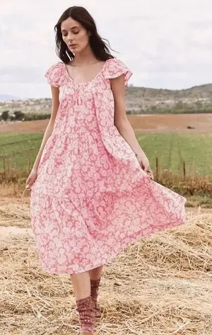THE GREAT. The Plumeria Cotton Midi Dress Pink Floral Tiered Size 3 Large L thumbnail 1