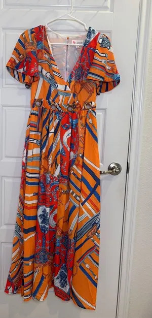 Orange Scarf Print Boho Maxi Dress Flutter Sleeve Resort Vacation S L’atiste thumbnail 1