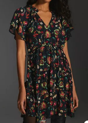 ANTHROPOLOGIE Robin Tiered‎ Mini Dress in Black Floral thumbnail 1