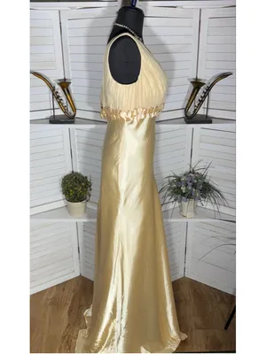 Vintage 90s prom dress golden satin open back mermaid formal homecoming fairy S thumbnail 4