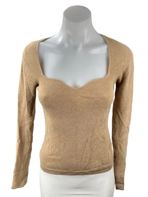 Aritzia Wilfred Womens Tan Ribbed Knit Sweetheart Long Sleeve Sweater Top Size M thumbnail 1
