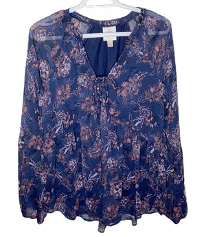 Knox Rose navy floral print sheep boho blouse with lace up detail size M thumbnail 1