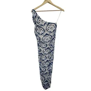 NWT House of Harlow 1960 Damask One Shoulder Midi Dress Blue Cream Ruched Size S thumbnail 4