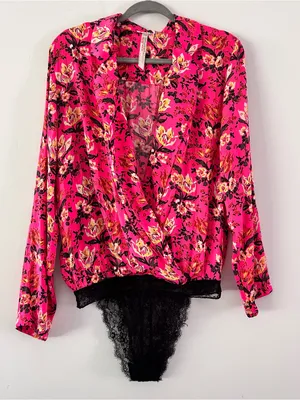 Intimately by Free People| Hot Pink Floral Low Cut Bodysuit sz S thumbnail 1