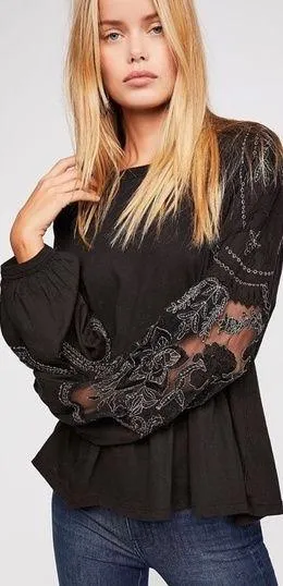 free people embroidered penny tee ruffle sheer long sleeve blouse thumbnail 1