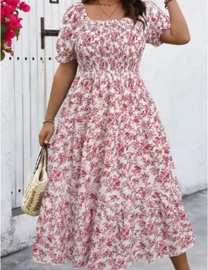 SheIn Pink smocked floral dress thumbnail 1