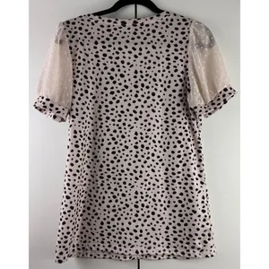 Tan Beige Black Dalmatian Print V Neck Blouse Sheer Swiss Dot Mesh Puff Sleeve S thumbnail 3