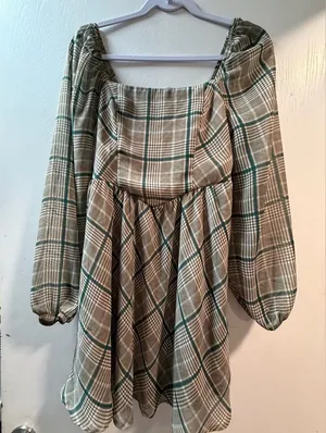 Copper Key Plaid Babydoll Mini Dress Long Sleeve Square Neck Smocked Back Size M thumbnail 1