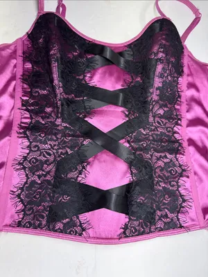 Victoria's Secret purple Pink Satin Chemise top corset Black Lace Crisscross L thumbnail 4
