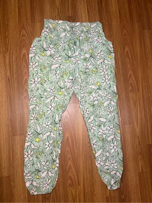 Aerie Floral High Rise Smocked Tie Waist Crinkle Pants Green Medium thumbnail 2