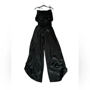 Vintage Black Satin Jumpsuit Smocked Waist Palazzo Leg Minimalist Cocktail Party thumbnail 6