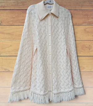 VTG 70's Cuddle Knit Cream Pointelle Button Front Cape Fringe Poncho Cottagecore thumbnail 1