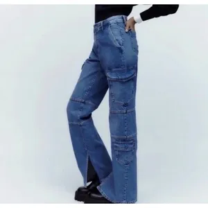 Zara Womens Blue Mid Rise Cargo Straight Leg Jeans with Side Slits Size 4 thumbnail 2