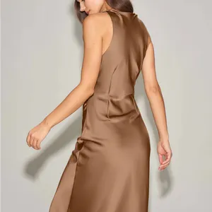 Rihoas Coffee Satin Boat Neck Slip Midi Dress thumbnail 3