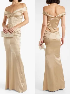 NWT RETROFETE Nika Corset Silk Nude Champagne Cut Out Formal Maxi Dress Gown thumbnail 2