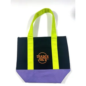Trader Joe's Mini Canvas Halloween Tote Bag Black Purple Embroidered Logo EUC thumbnail 2