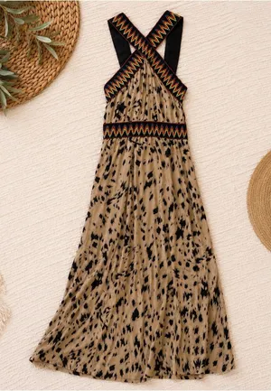 Women's Tan and Black Patterned Maxi Dress with Embroidered Trim thumbnail 1