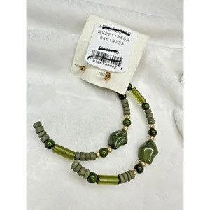 NEW Free People Bom Bom Island Beaded Bohemian Half Hoops in Green Beach Stone thumbnail 3