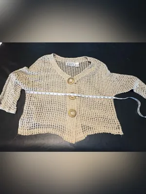 Keren Hart Beige Open Weave Crochet Cardigan L Boho Lagenlook Statement Buttons thumbnail 7