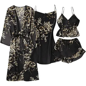 Women's 4 Piece Floral Print Satin Pajama Set in Black, Size S​​​ thumbnail 1