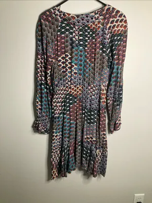 Maeve Multicolored Fan-Print V-Neck Long Sleeve Dress thumbnail 10