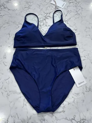 NWT Quince Deep Navy Blue Italian V Neck Top High Rise Bottom Bikini Set Medium thumbnail 1