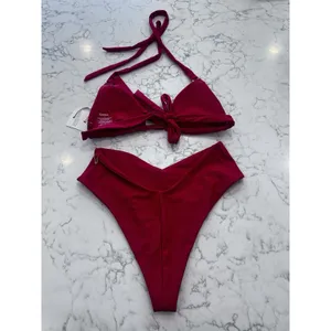 New Quince Cherry Red Italian Full Coverage Ring Triangle Bikini Top & V Bottom thumbnail 2