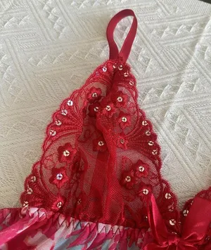 Women’s Pink & Red Mesh Lace & Sequins Babydoll Lingerie Top Sz S Small thumbnail 3