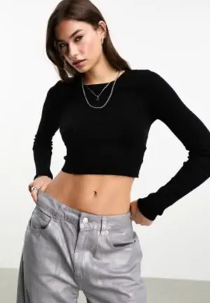  ROMWE Black Round Neck Long Sleeve Fitted Crop Top thumbnail 1