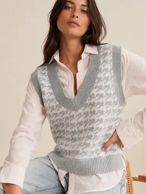 Abercrombie Houndstooth Sweater Vest Gray Preppy Golfcore V Neck Knit Size S thumbnail 1