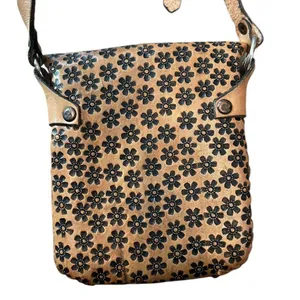 Handmade Leather Boho Hippie Earthy Natural Tan Floral Braided Crossbody Bag thumbnail 5