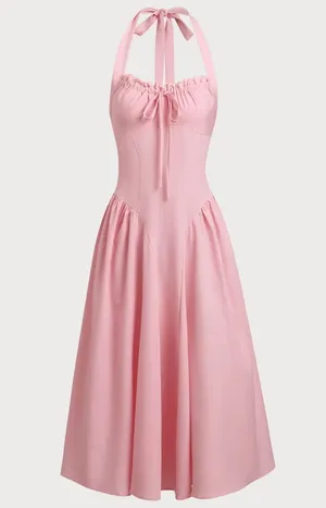 Berlook Pink Ruched Halter Midi Dress thumbnail 1