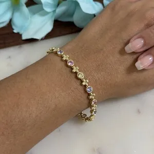 14K Gold Plated XP Tennis Bracelet Floral XO Pink Purple Yellow 7.75in thumbnail 1