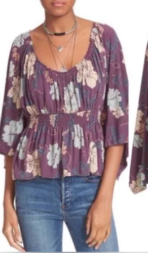 Free People Glenside Floral Peasant Open Back Blouse in Purple Size Medium thumbnail 1