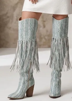 dingo Teal Snake-Print Fringe Over-the-Knee Boots thumbnail 1