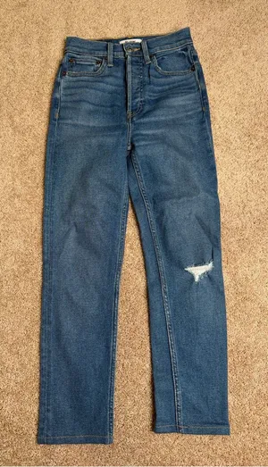 RE/DONE Originals Straight Leg Jeans Medium‎ Wash Distressed Knee Denim Size 24 thumbnail 1