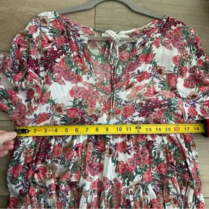 Anthropologie RAGA Pink Red Rose Floral Long Sleeve Tie Neck Boho Maxi Flowy Dress M thumbnail 7