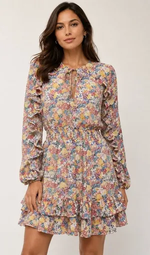 Zara Pink Blue Floral Ruffle Mini Dress Long Sleeve Smocked Tiered‎ Boho Travel thumbnail 1
