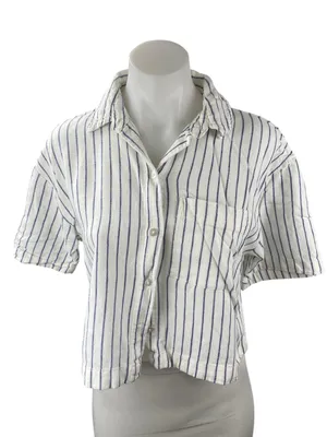 Abercrombie & Fitch White Blue Striped Short Sleeve Cropped Button Up Shirt S thumbnail 1