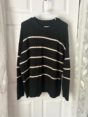 Aerie Womens Black cream Striped Crewneck Oversized Knit Sweater pullover sz M thumbnail 2