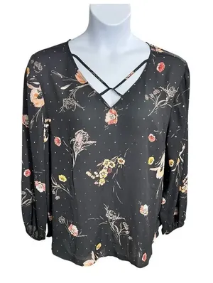 Maurices Black Floral Glitter Top Tunic XXL Criss-Cross Long Sleeve Pullover thumbnail 1