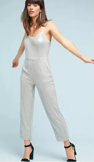 NWT ANTHROPOLOGIE‎ Claudette Sequin T-Shirt Knit Romper Jumpsuit Silver 0 thumbnail 1
