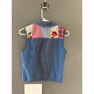 Vintage Patchwork Denim Vest Blue Red Plaid Floral Star Button Cottagecore Top thumbnail 4