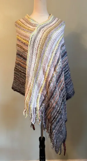 Multi Color Striped Knit Poncho Fringe One Size boho cozy fringe colorful retro thumbnail 1