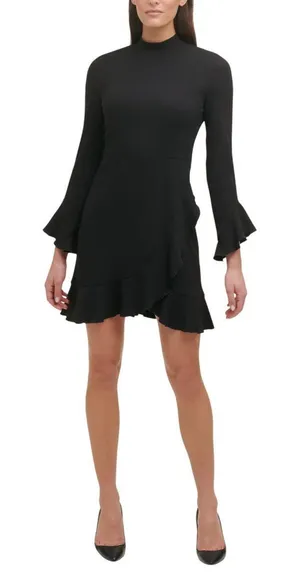 Tommy Hilfiger Womens Mock Neck Ruffled Long Sleeve Cocktail Midi Dress Black 12 thumbnail 1