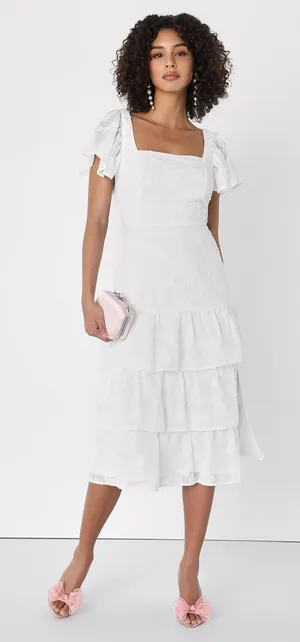 Lulus Loveliest Feeling White Floral Jacquard Tie-Back Midi Dress thumbnail 1