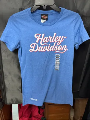 Women’s Schaeffer’s Harley-Davidson Navy Blue Tee with White Script Size Medium thumbnail 1